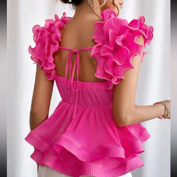Hot Pink Ruffle Peplum Top Blouse Shirt - Picture 2 of 6